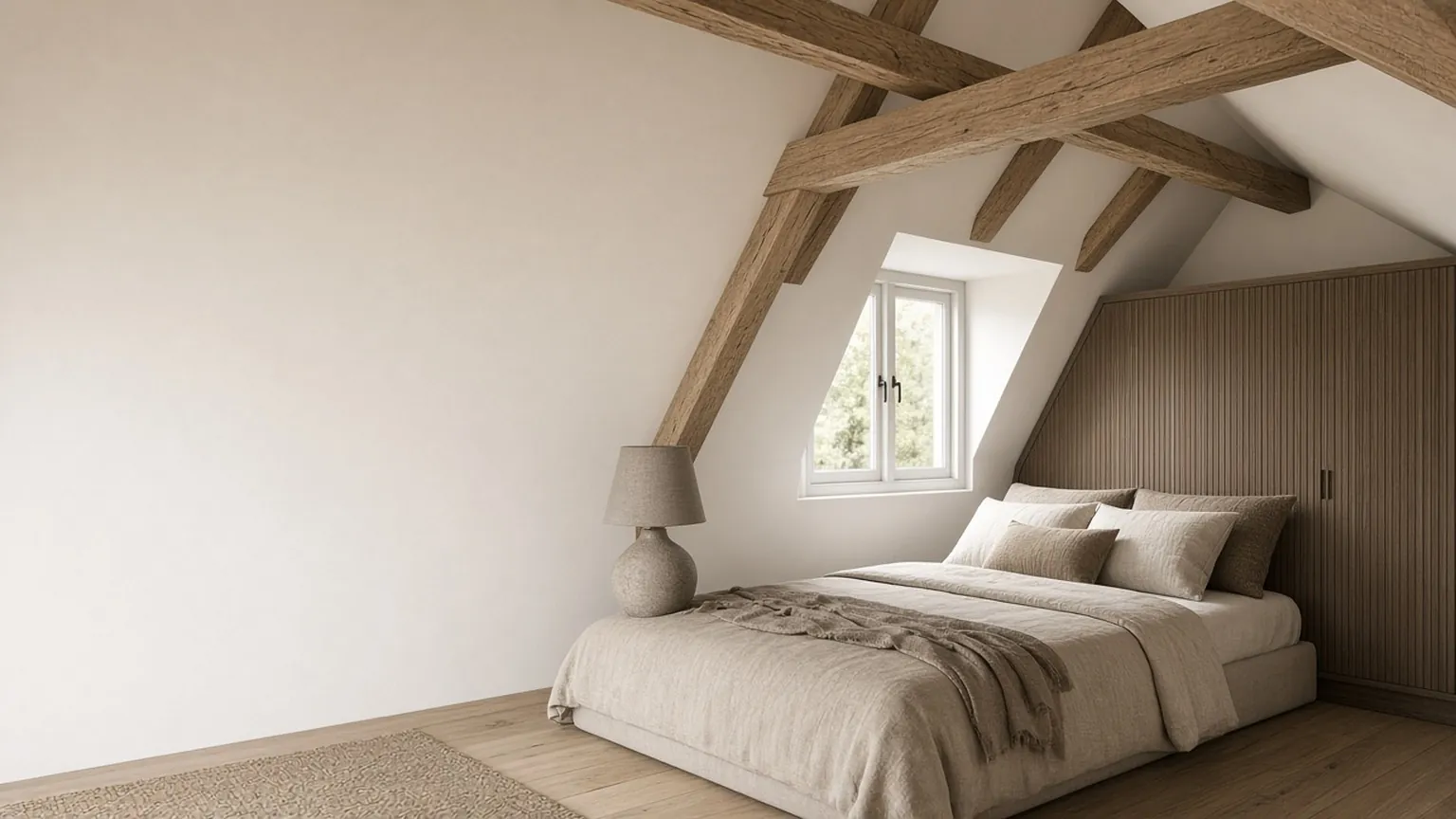 Converted attic bedroom with exposed roof timbers and built-in oak storage