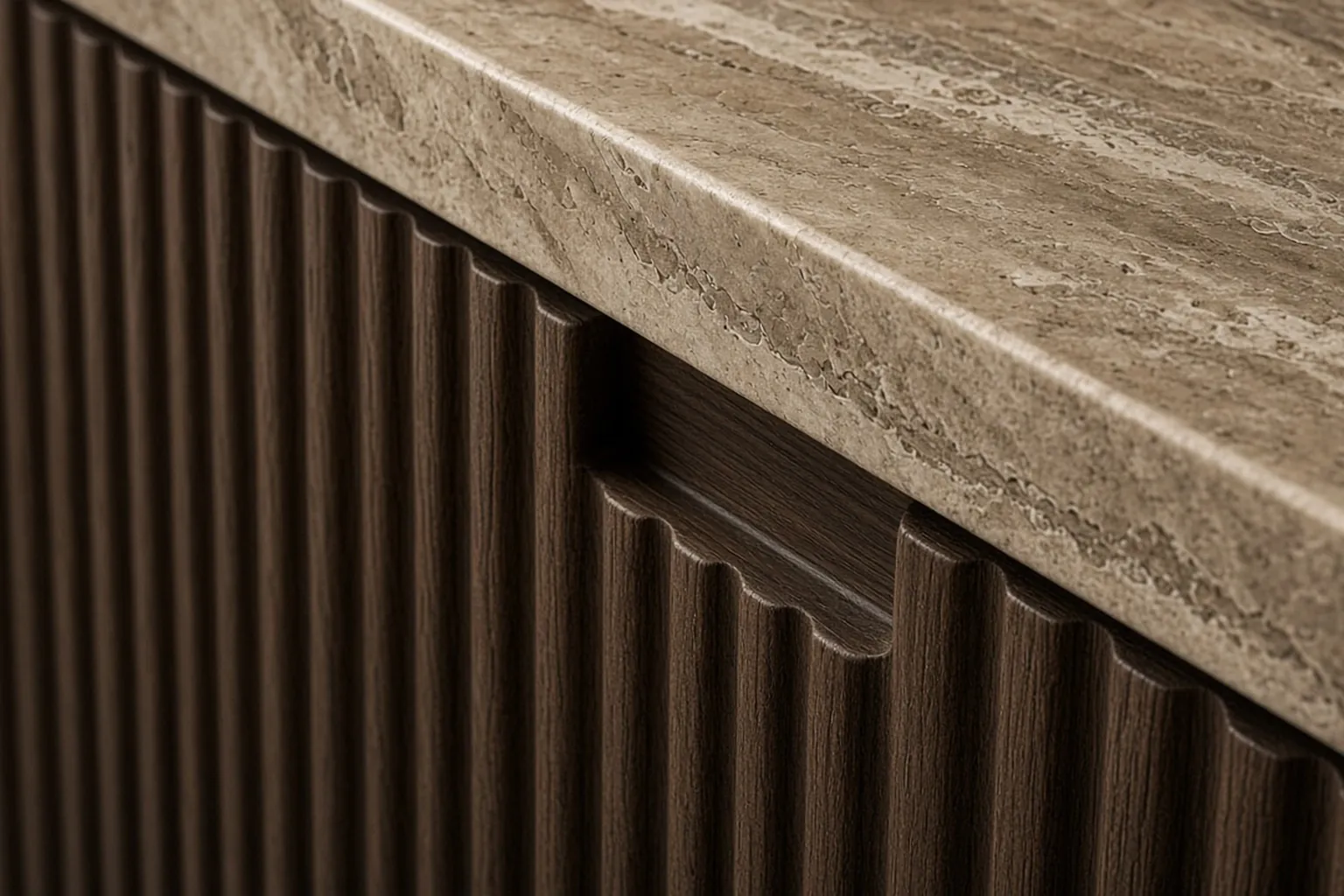 Close-up of a fluted oak door edge meeting a travertine worktop