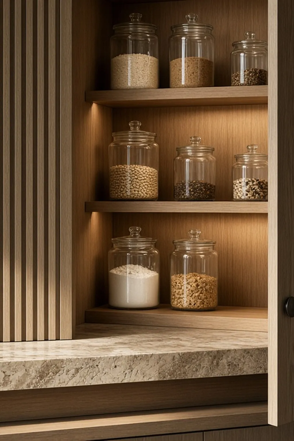 Open oak larder with glass jars on shelves above a stone worktop