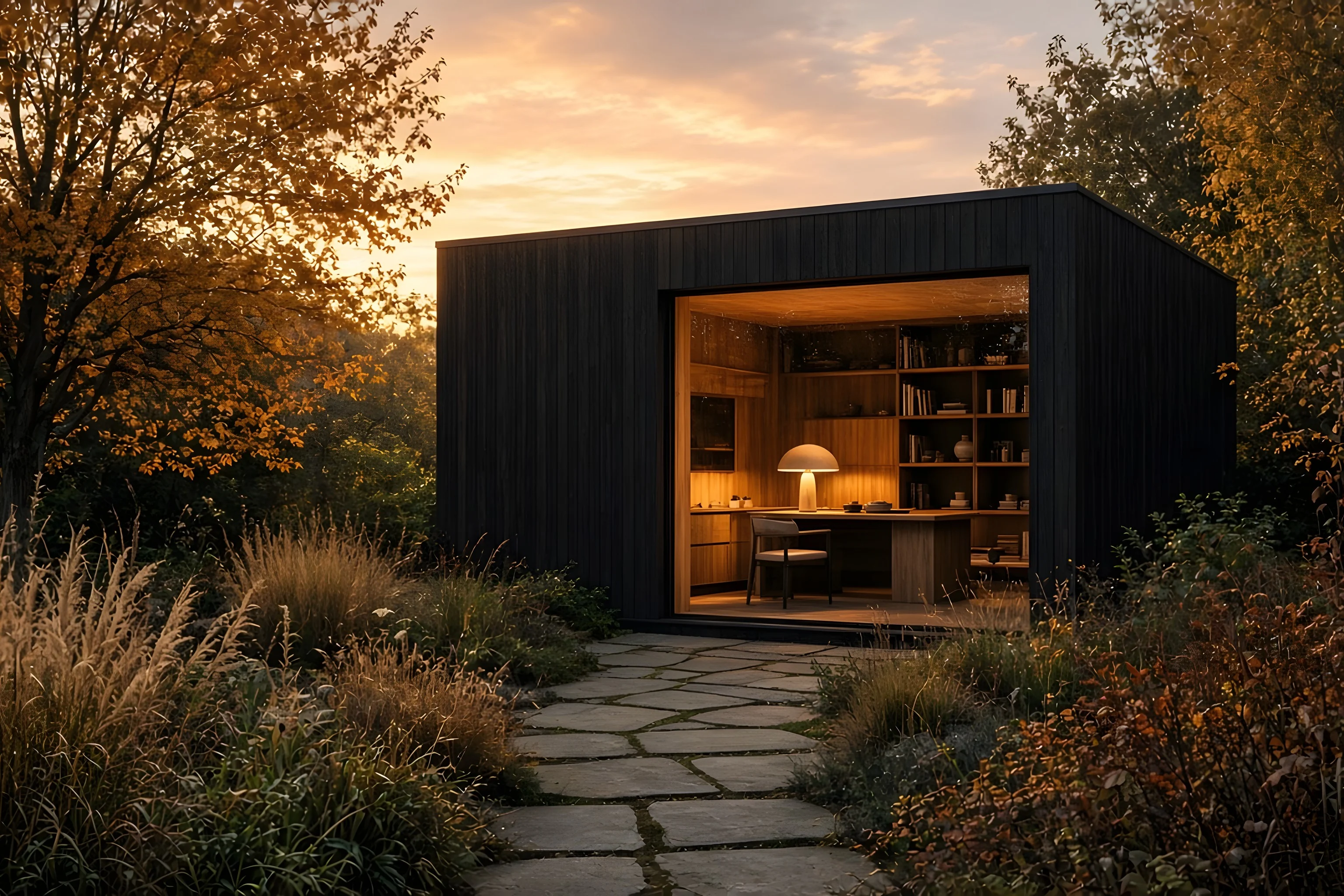 Dark timber garden room with a lit study inside, autumn planting around it