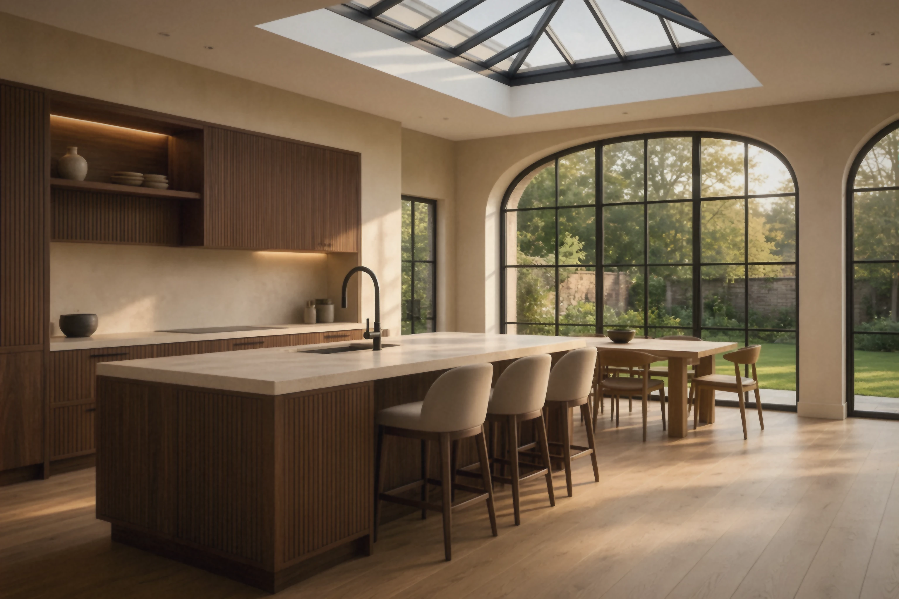 Renovated period house with a new kitchen extension: walnut joinery, a stone island, a glazed lantern roof and arched steel doors to the garden