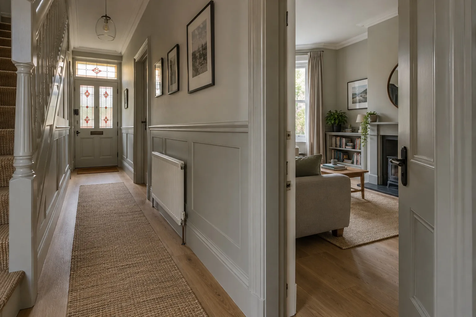 Hallway and front room finished in one palette: painted panelling, oak floor and new doors