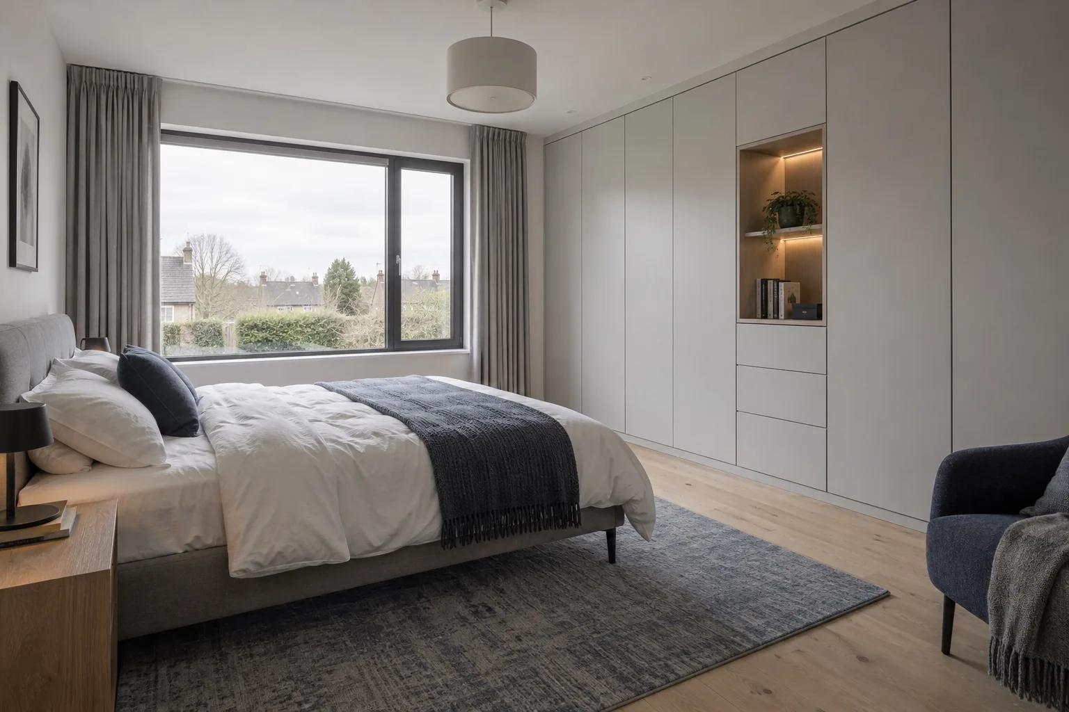 Full-wall handleless wardrobe with a lit open section